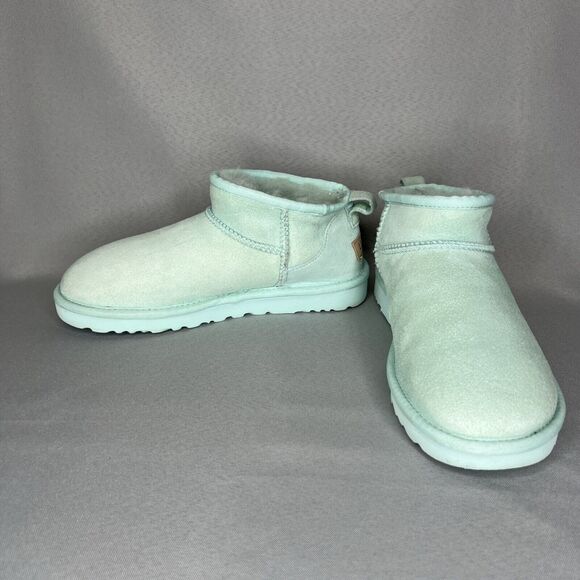 Women's Ugg Boots Size 8 Classic Ultra Mini Aqua Sky Blue Suede Wool Booties - Picture 9 of 14
